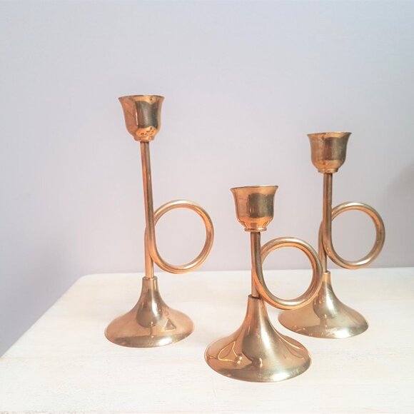 Set of 3 Trumpet Shape Brass Candle Holders. - Picture 1 of 4